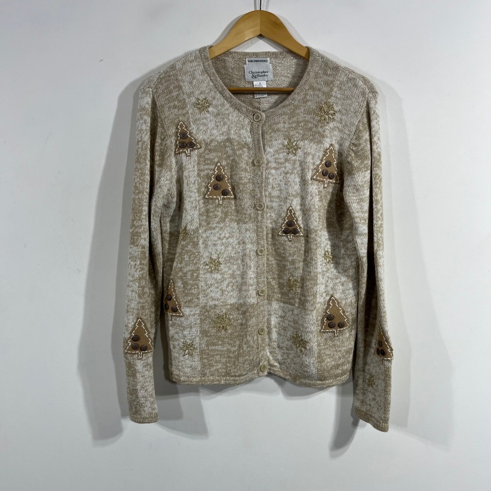 VTG Christmas Tree Cardigan Sweater Hand Embroidered 90s Women Small Cottagecore